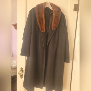 Vintage Black Cashmere Coat with Brown Fur Collar